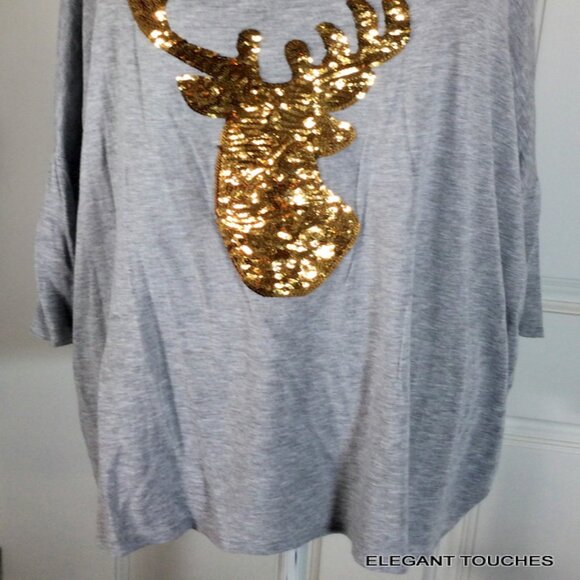 Acting Pro Gray Gold Sequins Deer Shirt XL Holiday Christmas Blingy Boutique Top - Picture 5 of 11